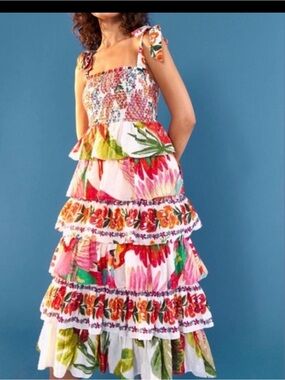 Farm rio Tiered Sundress with Pink & Green Accents